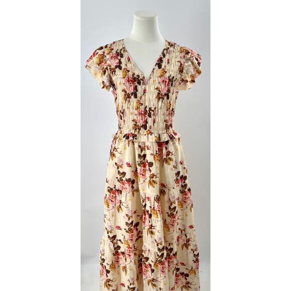 Sea New York Dresses & Skirts - Sea New York Esme Cream Floral Maxi Linen Smocked Flutter Ruffle Long Cottage S